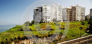 Lima, Peru -Beautiful view of Lima coastline from Miraflores district.route and luxury apartment blue sky background