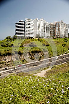 Lima, Peru : Beautiful view of Lima coastline from Miraflores district.route and luxury apartment blue sky background