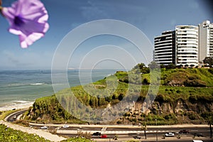 Lima, Peru : Beautiful view of Lima coastline from Miraflores district.route and luxury apartment blue sky background