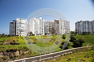 Lima, Peru - Beautiful view of Lima coastline from Miraflores district.route and luxury apartment blue sky background