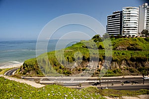 Lima, Peru -: Beautiful view of Lima coastline from Miraflores district.route and luxury apartment blue sky background