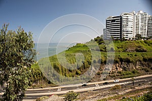 Lima, Peru - Beautiful view of Lima coastline from Miraflores district.route and luxury apartment blue sky background