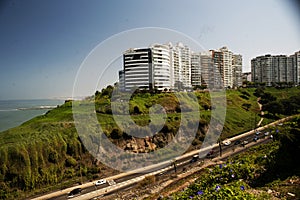 Lima, Peru - Beautiful view of Lima coastline from Miraflores district.route and luxury apartment blue sky background