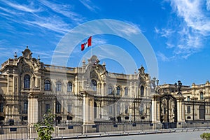 Lima, Peru, Government Palace on colonial Central plaza Mayor or Plaza de Armas in historic center