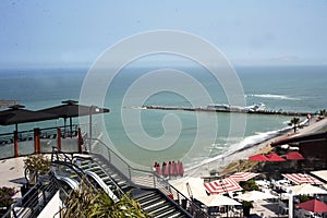 LIMA, PERU Panoramic view of Larcomar shopping center and the Miraflores coast - Lima, Peru