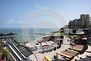 LIMA, PERU : Panoramic view of Larcomar shopping center and the Miraflores coast - Lima, Peru