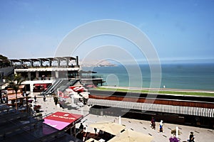 LIMA, PERU - Panoramic view of Larcomar shopping center and the Miraflores coast - Lima, Peru