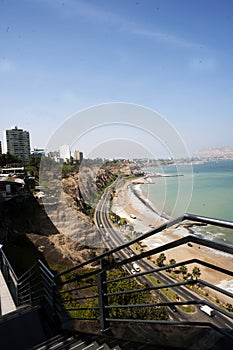 LIMA, PERU -Panoramic view of Larcomar shopping center and the Miraflores coast - Lima, Peru