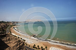 LIMA, PERU - Panoramic view of Larcomar shopping center and the Miraflores coast - Lima, Peru