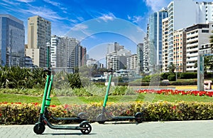 Lima ride sharing ecological dockless bikes in Miraflores Malecon in Peru photo