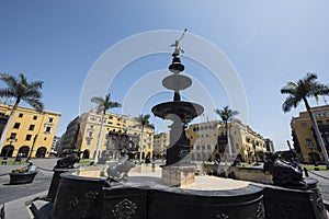 Lima\'s Plaza Mayor or Plaza de Armas de Lima water fountain Peru,