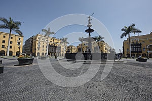 Lima\'s Plaza Mayor or Plaza de Armas de Lima water fountain Peru,