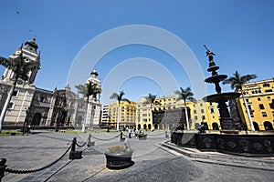 Lima\'s Plaza Mayor or Plaza de Armas de Lima water fountain Peru,