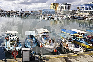 Fishing boats in Limassol Old Port in winter, Cyprus