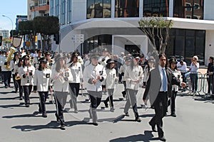 Brass band marching along the street