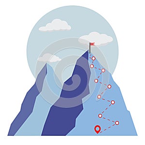 Ð¡limbing route to the top of the mountain in modern flat style. Concept of goal and business success achievement.
