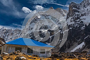 Limbu Kirati sacred mountain Phaktanglung and temple seen from Jannu Base Camp in Himalaya, Nepal