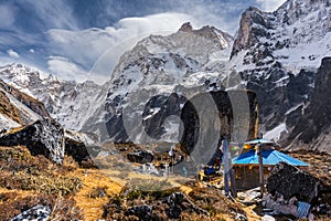 Limbu Kirati sacred mountain Phaktanglung and temple seen from Jannu Base Camp in Himalaya, Nepal