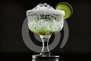 A lime-accented margarita cocktail presented in a glass rimmed with salt. AI