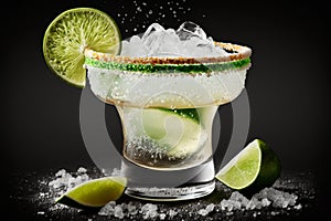 A lime-accented margarita cocktail presented in a glass rimmed with salt. AI