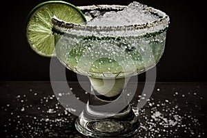 A lime-accented margarita cocktail presented in a glass rimmed with salt. AI