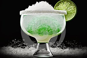 A lime-accented margarita cocktail presented in a glass rimmed with salt. AI