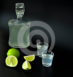 Lime-based liqueur in a glass decanter and pieces of ripe citrus on a black background photo