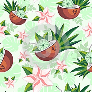 Lime in Coconut with Pink Plumeria Flowers Tropical Summer Seamless Repeat Pattern Vector Art