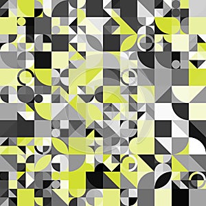 Lime colored digital collage of vector abstract infographic elements made with geometric shapes and forms. Geometric retro