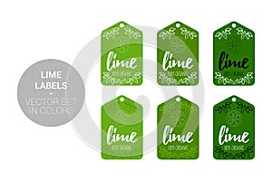 Lime fruit Eco labels vector set in green, dark green colors.