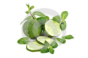 Lime. fruit with a half isolated on whiteFresh tasty lime fruit with mint leaves.