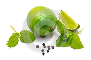 Lime fruit with melissa isolated on white