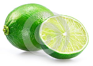 Lime fruit and lime slice isolated on white background