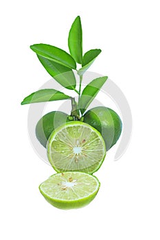 Lime fruits with green leaf and cut in half slice Isolated with clipping path on a white background. Side view