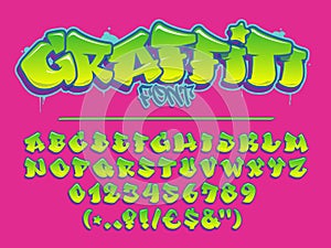 Lime graffiti vector font. Capital letters, numbers and glyphs alphabet