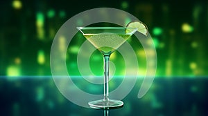 Lime green absinthe cocktail drink glass on the edge of a high end nightclub bar - generative AI