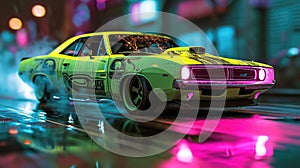 A lime green car with neon pink flames and a neon yellow skull on the hood revving its engine at the starting line