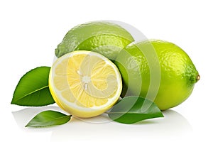 Lime with green leaves isolated on white background. Clipping path
