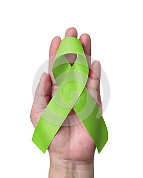 Lime green ribbon for awareness on Mental health illness, Lymphoma Cancer, Lyme Disease, Spinal Cord Injuries