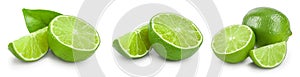Lime with half and leaf isolated on white background. Set or collection