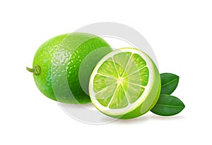 Lime, half and whole juicy fruit with green leaves. Realistic citrus. 3d vector