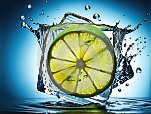 Lime in ice cube with water splash on blue background. Fresh citrus fruit slices flying objects