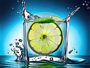 Lime in ice cube with water splash on blue background. Fresh citrus fruit slices flying objects