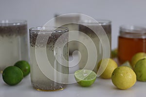 Lime juice with chia seeds. Refreshing lime juice with overnight soaked chia seeds and sweetened with honey