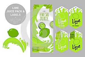 lime juice pack and organic fruit labels tags. Colorful tropical stickers. Juicy exotic fruit badges with splashes.