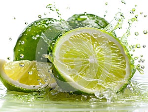 lime juice splashes from a cut lime, splashes of lime juice on white, Mojito drink with splash