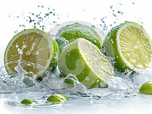 lime juice splashes from a cut lime, splashes of lime juice on white, Mojito drink with splash
