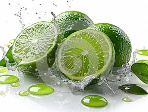 lime juice splashes from a cut lime, splashes of lime juice on white, Mojito drink with splash