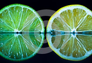 Lime and lemon slice on black reflective background. Creative food concept, minimal style