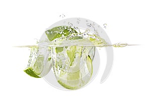 lime and lemon splashing water isolated on white background